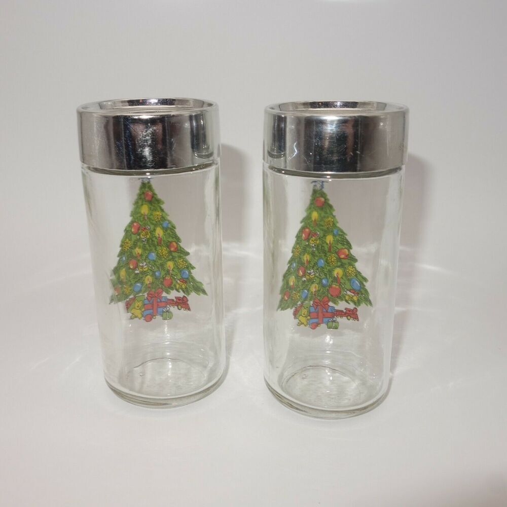 Vintage Salt and Pepper Shakers Holiday Clear Glass with Christmas Tree - Picture 3 of 7